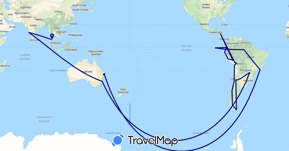 TravelMap itinerary: driving in Argentina, Australia, Bolivia, Brazil, Chile, Ecuador, India, Nicaragua, Peru, Thailand (Asia, North America, Oceania, South America)